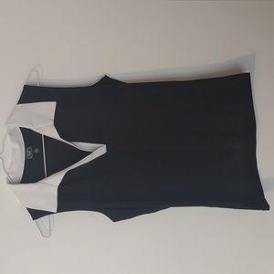 Black sleeveless top with white collar